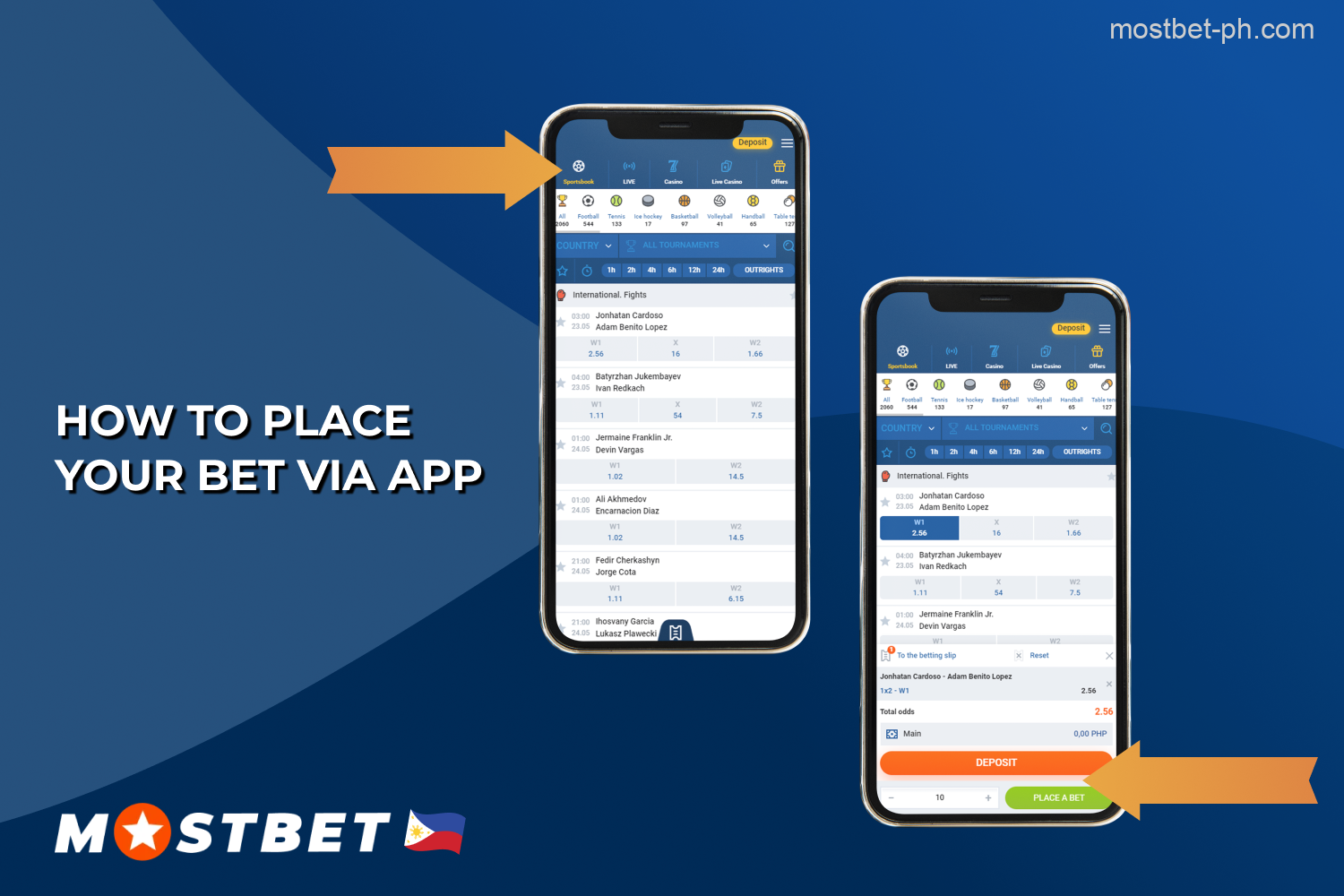 To place a bet through the Mostbet bookmaker app, players from the Philippines must register, make a deposit and select an event or game