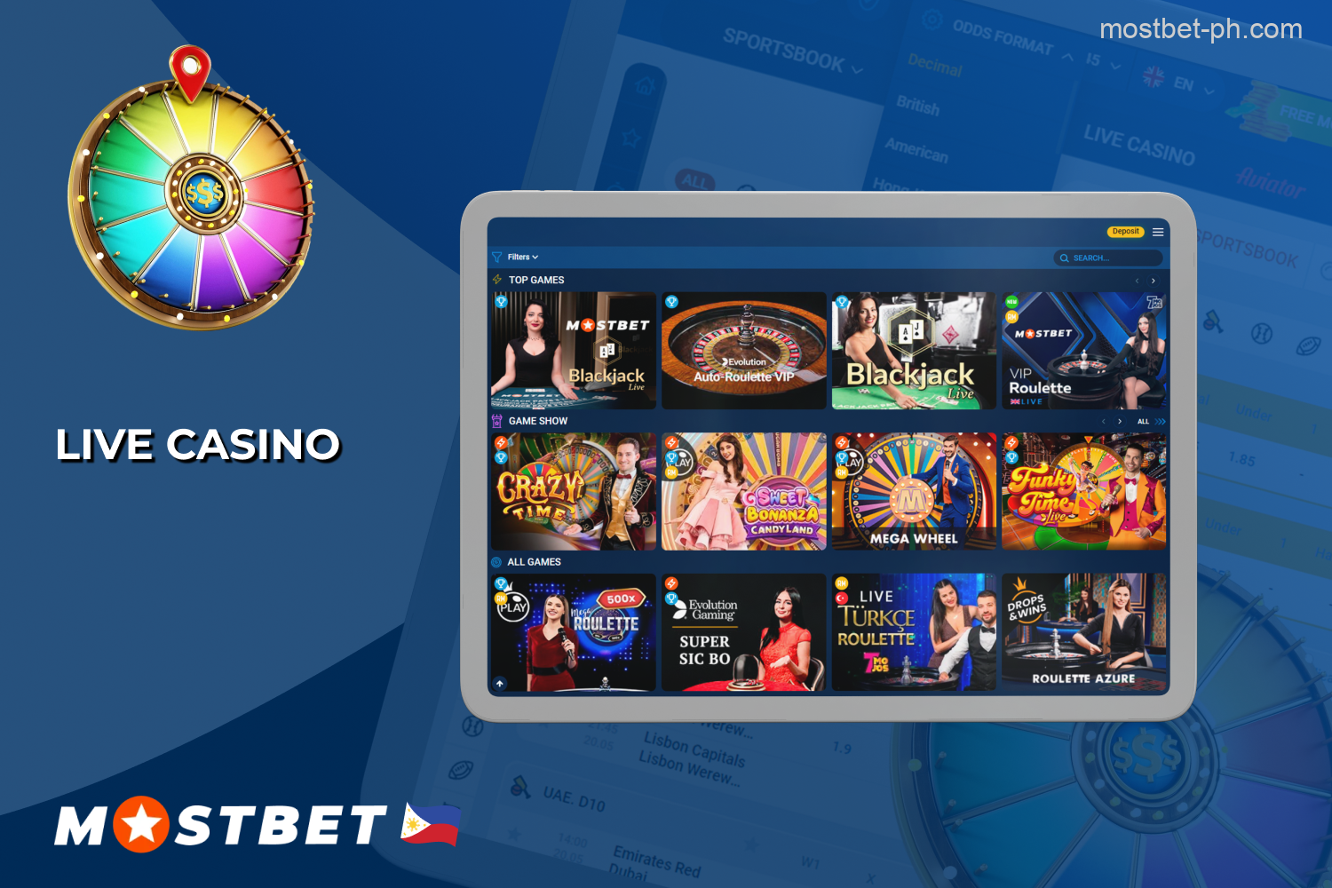 Mostbet includes a live casino tab on the site where Philippine players can play roulette, blackjack, poker and other games