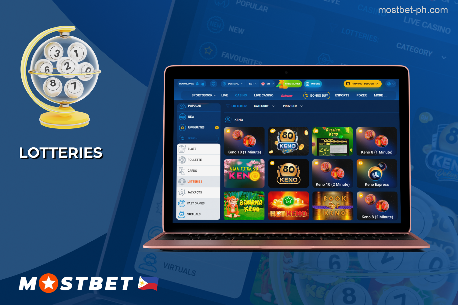 Mostbet Philippines offers several types of lotteries - keno, bingo and scratch cards