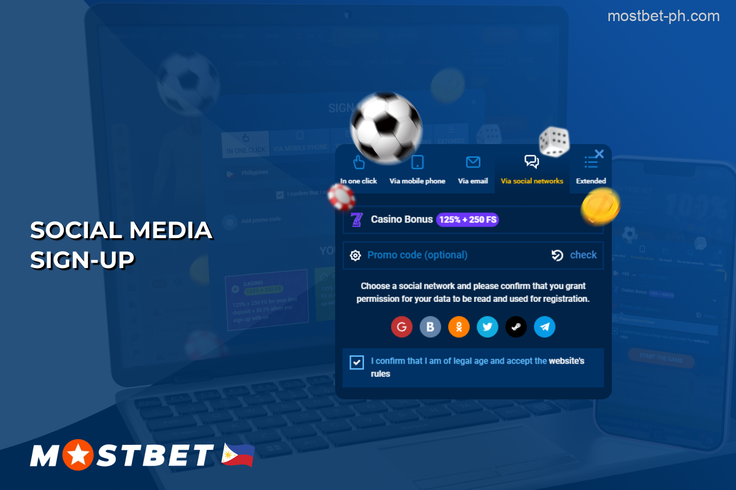 Players from the Philippines can create an account at Mostbet Casino through social media registration